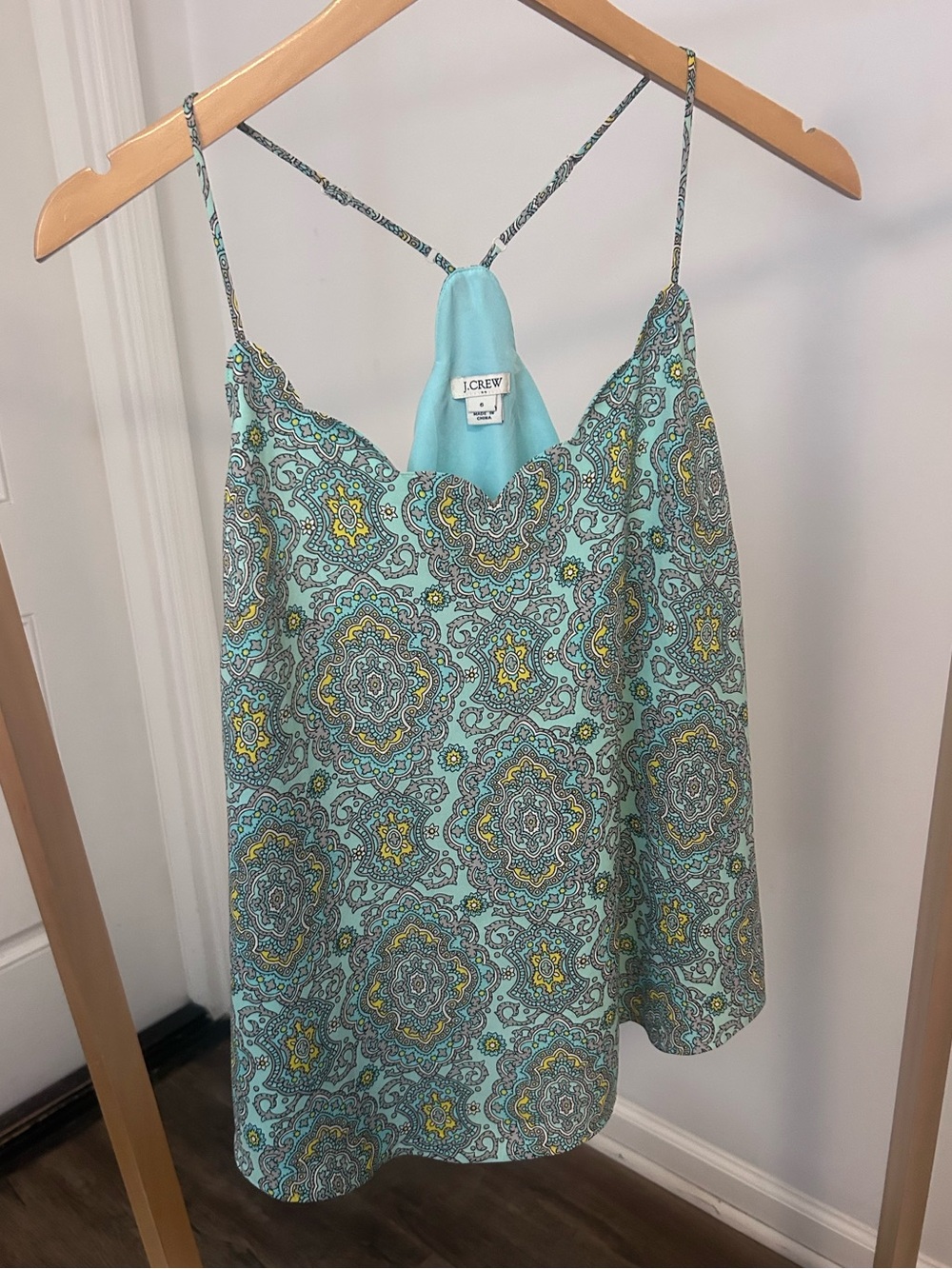 J. Crew Mint Paisley Scalloped Cami with Yellow Accents